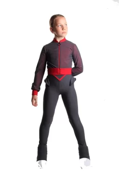 Icedress - Thermal Figure Skating Outfit "Trio" - Cropped Jacket/ Top/ High-Waisted Legging (Grey And Red)