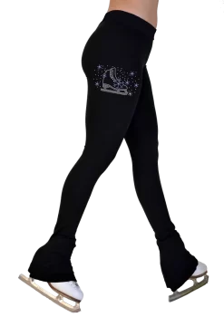 ChloeNoel P622F All Black 3" Waist Band Light Weight Fleece Figure Skating Pants W/ Skate/Blue Snowflakes Crystals