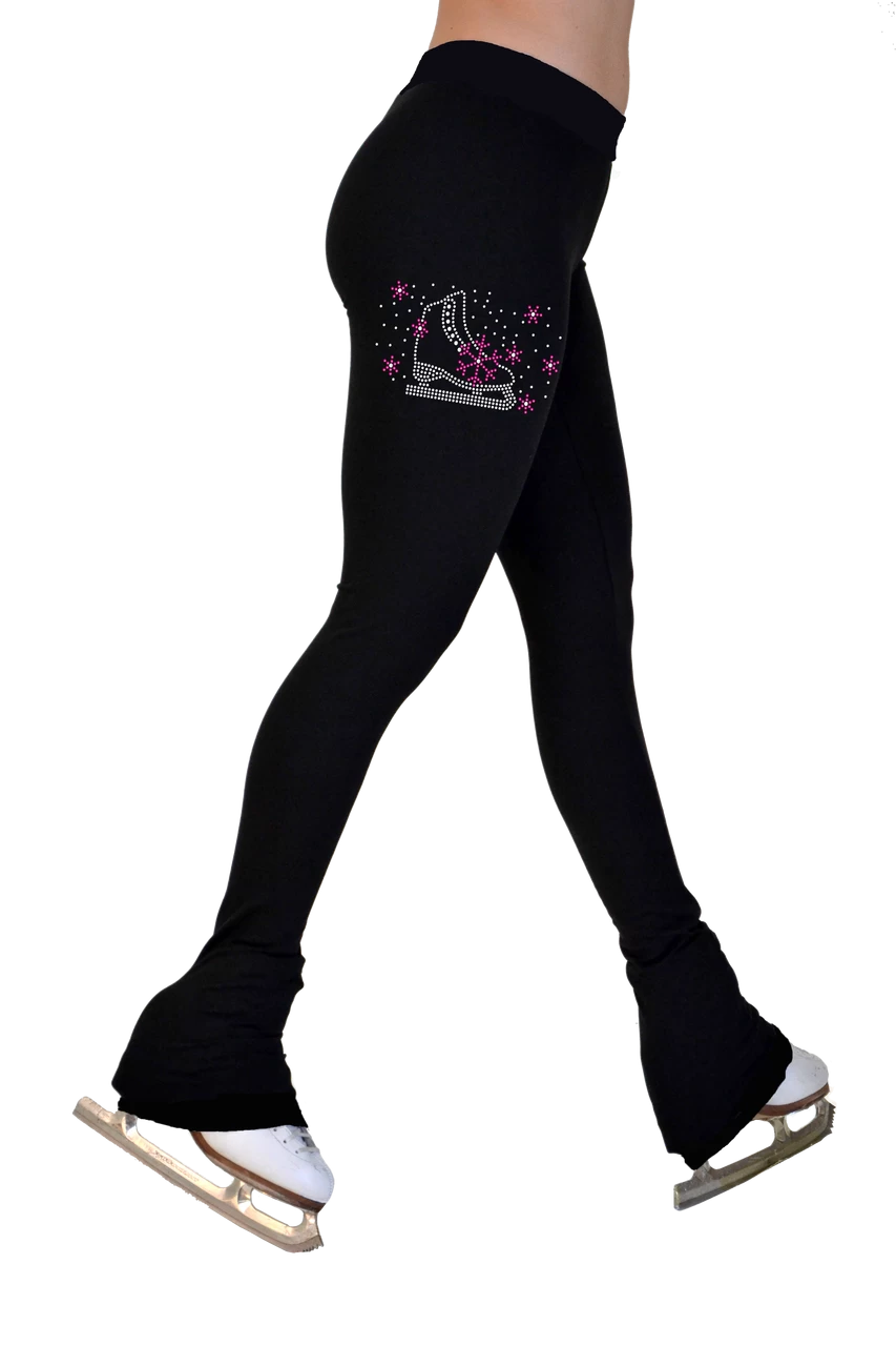 ChloeNoel P622F All Black 3" Waist Band Light Weight Fleece Figure Skating Pants W/ Skate/Fuchsia Snowflakes Crystals 1 ChloeNoel P622F All Black 3" Waist Band Light Weight Fleece Figure Skating Pants W/ Skate/Fuchsia Snowflakes Crystals